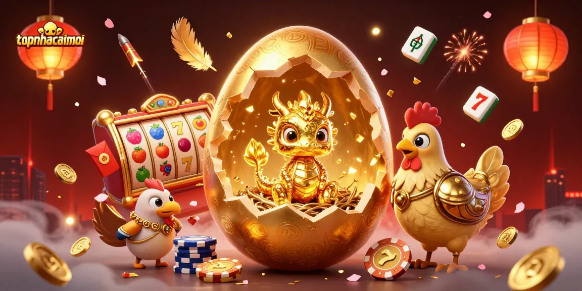 Engage with topnhacaimoi in a dazzling scene featuring a golden egg, baby dragon, and vibrant slot elements.