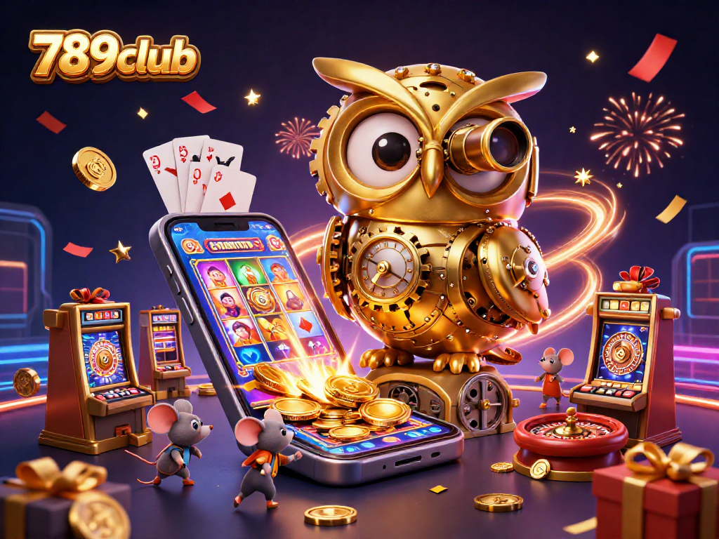Experience the thrill of 789club as golden coins and poker chips fly around in a vibrant casino scene.