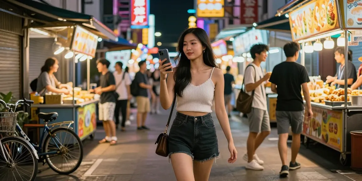 Gái gọi trong không gian phố đêm sôi động, thời trang và năng động.