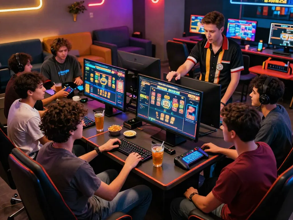 Slot MAHJONGJP88 gaming lounge with friends enjoying vibrant PG SOFT games