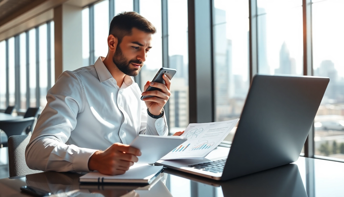 Evaluate top business mobile networks UK with a smartphone in a dynamic office environment.