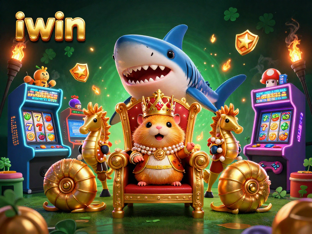 Join the exciting iwin gaming experience with a golden hamster king and megalodon throne.