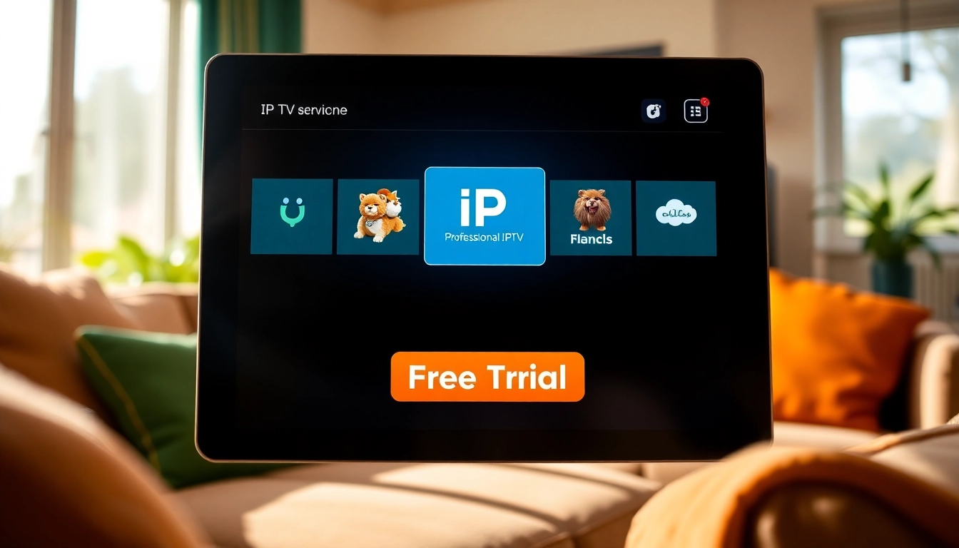 Experience iptv free trial with a sleek tablet showcasing HD channels in a cozy living room.