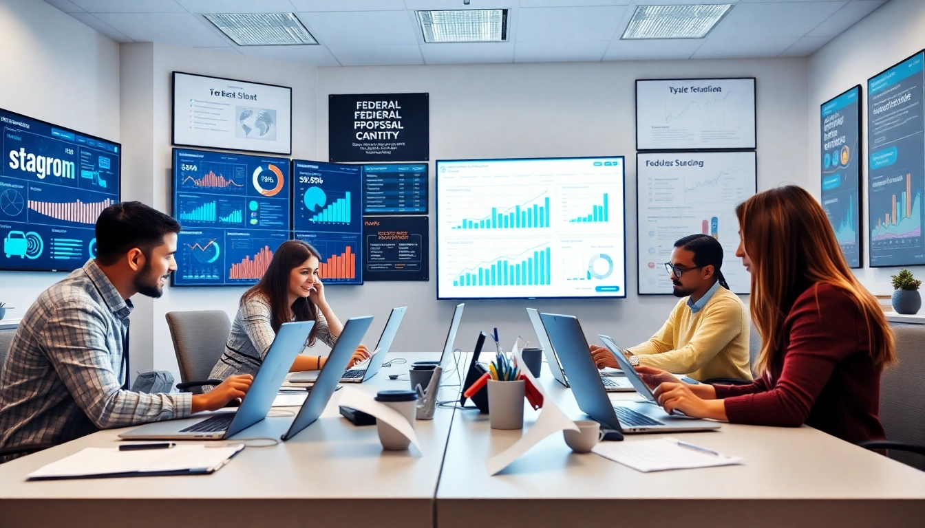 Team efficiently collaborating on federal proposal automation in a modern workspace.