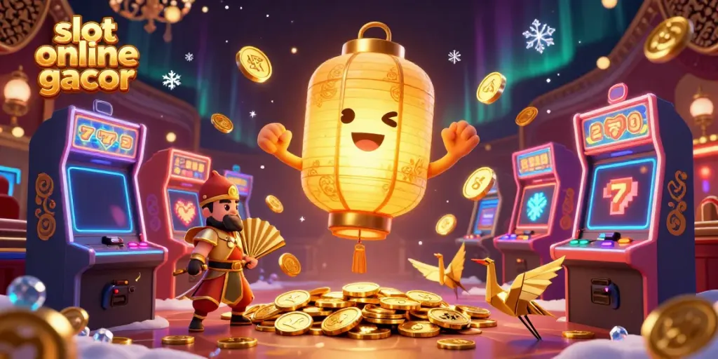 Experience thrilling slot online gacor action with a vibrant 3D scene of lucky symbols and gaming elements.