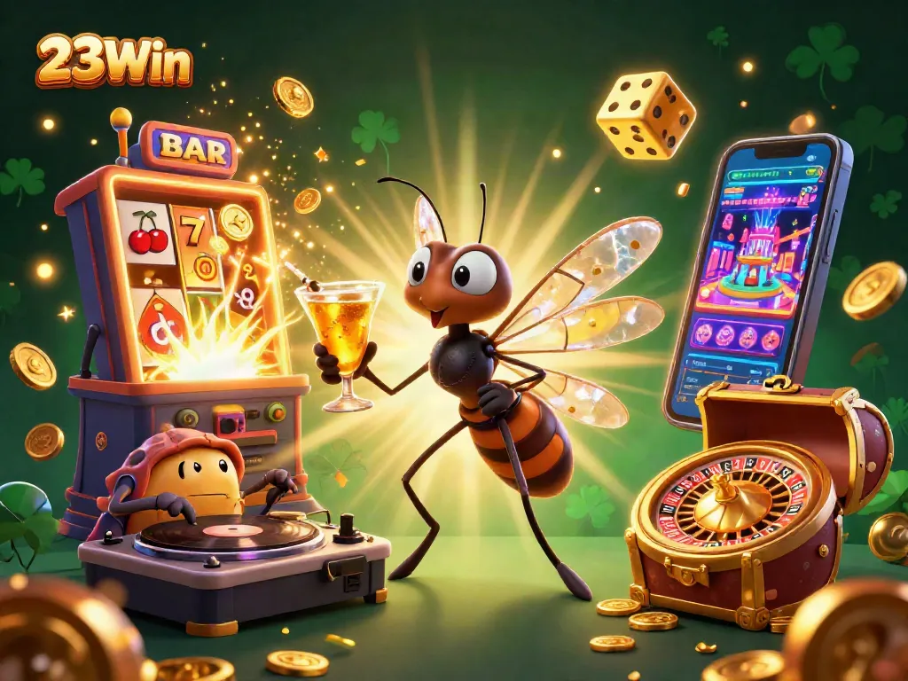 Experience thrilling gaming at 23Win, with a vibrant casino atmosphere highlighted by sparkling gold elements and dynamic characters.