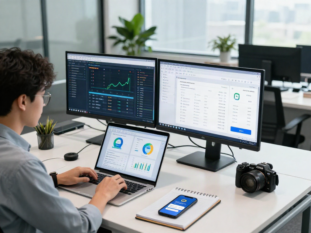 Business professional analyzing slot qris payment systems data in a modern office.