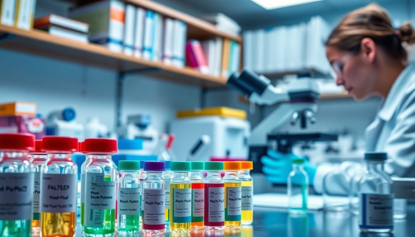 Analyzing Branch Peptides in a laboratory setting with colorful vials and researcher.