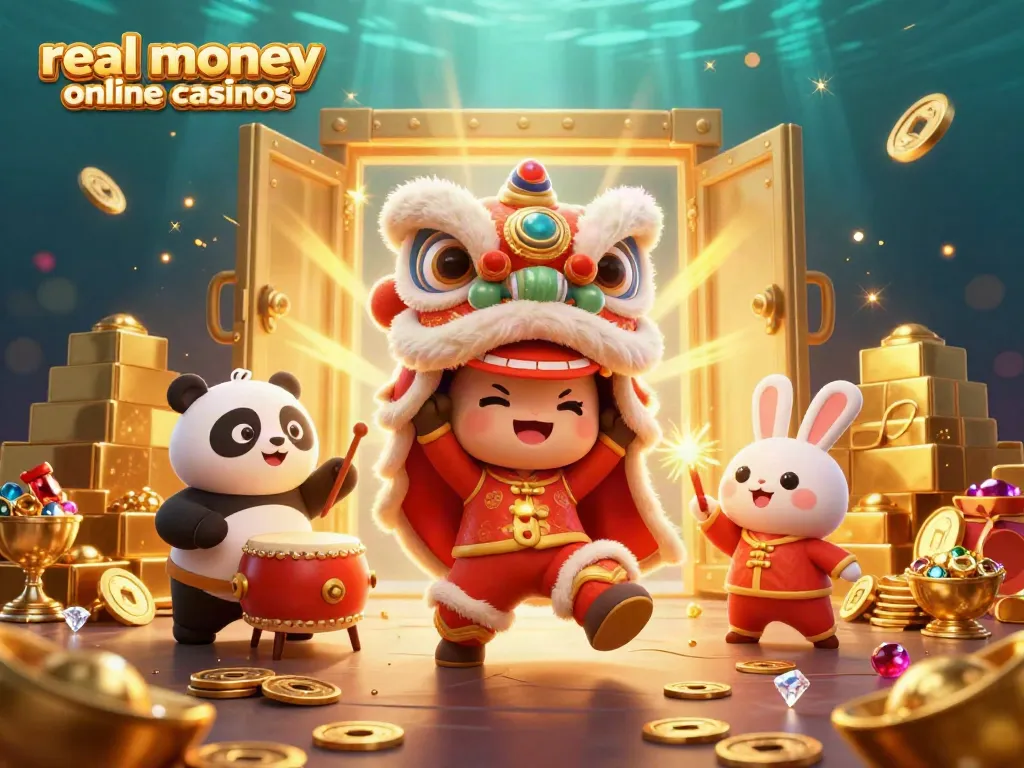 Experience vibrant real money online casinos with dynamic characters and golden treasures.