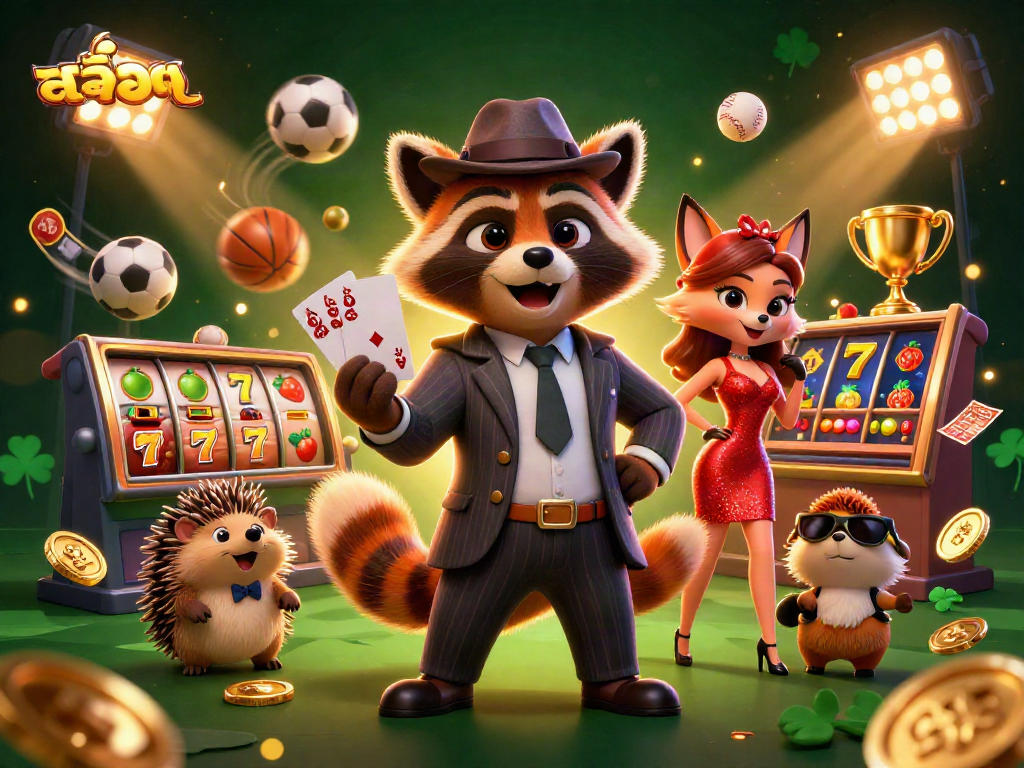 Experience thrilling สล็อต gameplay with a suave raccoon, a fox lady, and a hedgehog bouncer in a dynamic casino scene.
