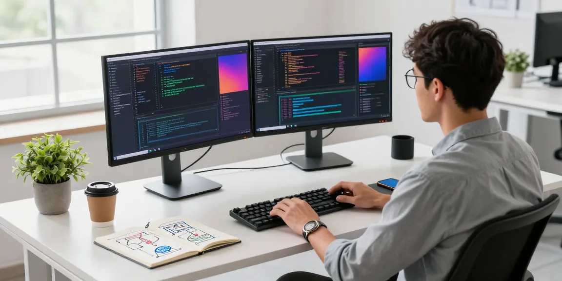 Build internal tools with AI in a modern software development workspace with dual monitors and a developer focused on code.