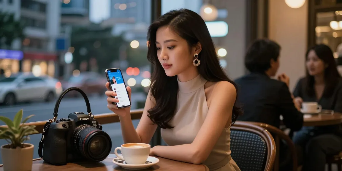 Người phụ nữ thời thượng trong quán cà phê, bàn luận về gái gọi trong không khí ấm cúng.
