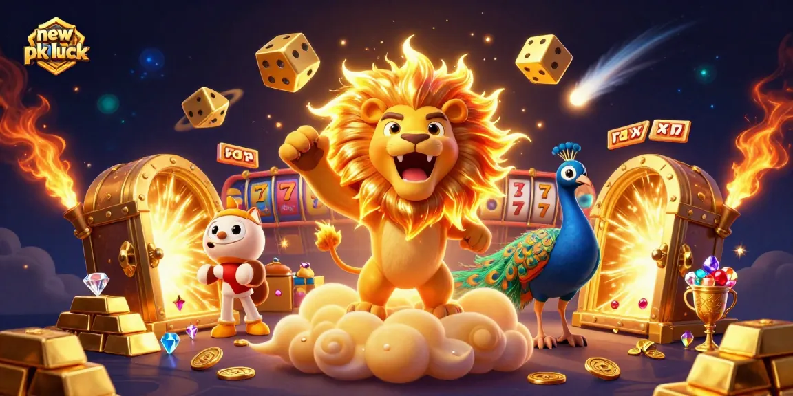 Spin the reels at new pk luck with a vibrant 3D casino scene filled with golden treasures.