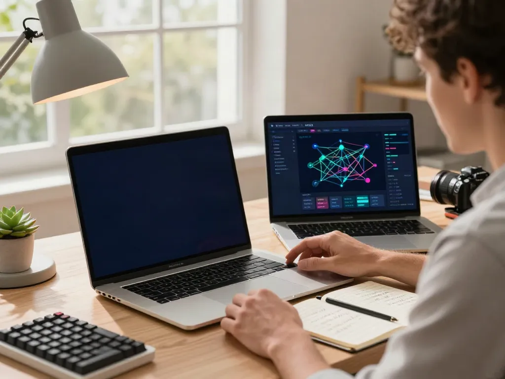 Configuring the v2rayN VPN client on a modern home office setup with laptop and dual screens.
