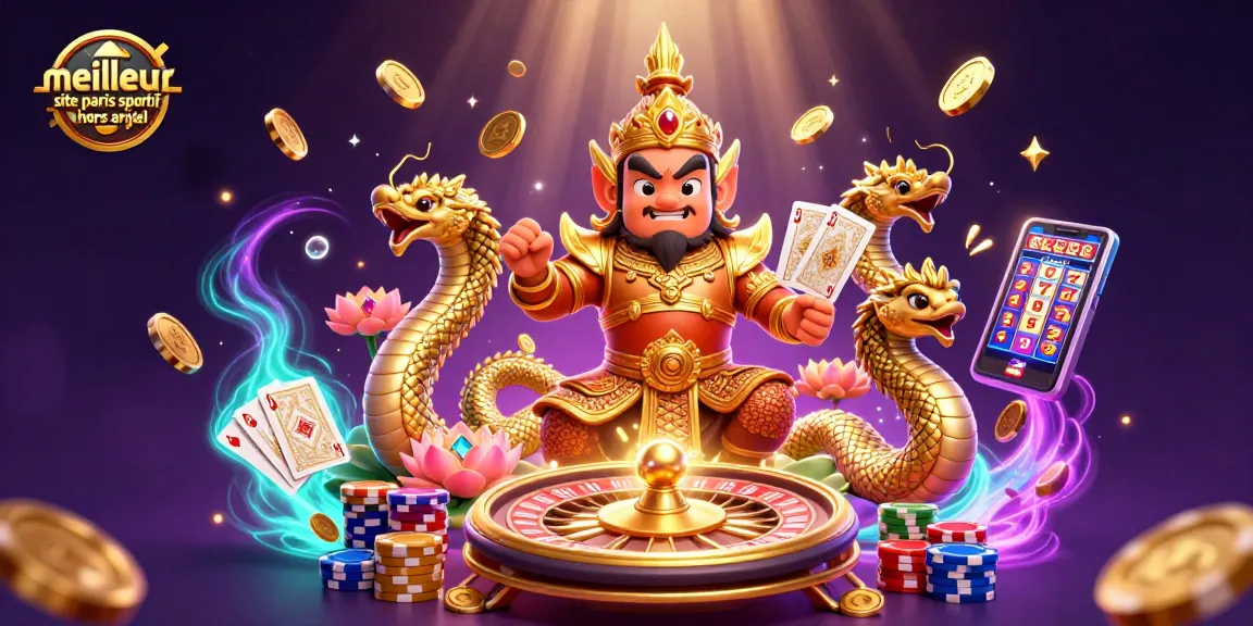 Image illustrant le meilleur site paris sportif hors arjel avec un yaksha en armure dorée entouré de pièces d'or et de jeux de casino.