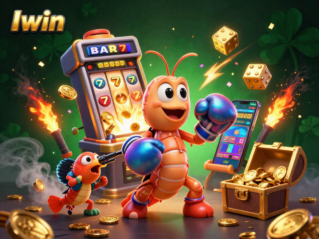 Iwin showcases a vibrant casino scene with animated characters and dynamic gaming elements, depicting excitement in gambling.