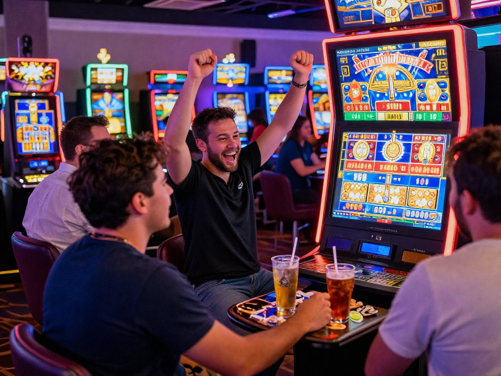 Slot gacor: Suasana kasino yang meriah dengan pemain bersorak merayakan kemenangan jackpot.