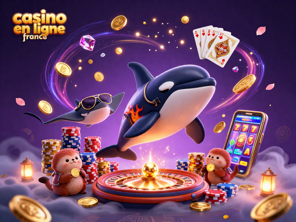 Illustration dynamique de casino en ligne France avec une orque en cuir, une raie, et des loutres tenant des pièces d'or.