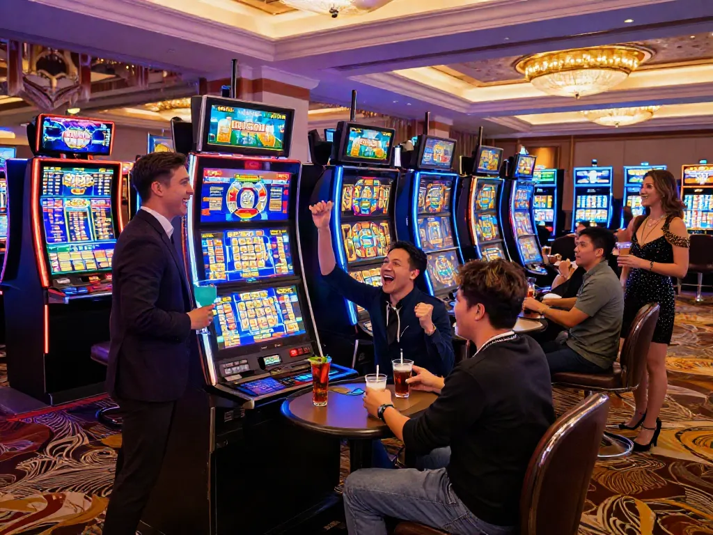 Exciting slot gacor gaming experience with players celebrating wins in a vibrant casino.