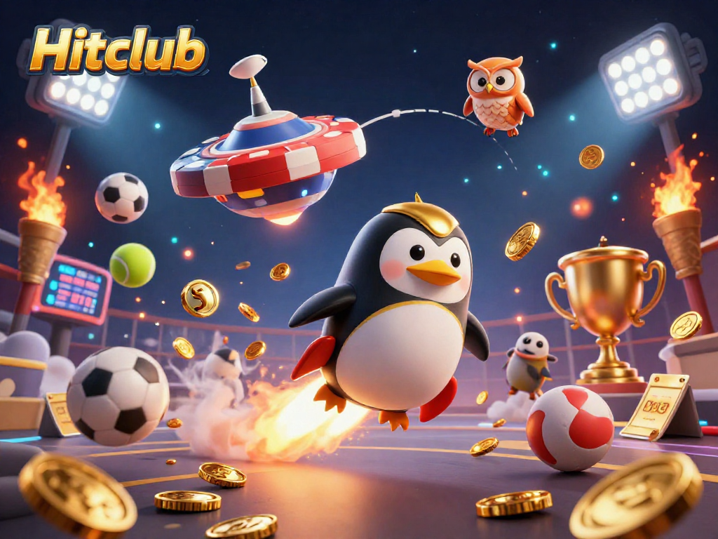Experience big wins at Hitclub with a golden penguin racing towards a casino starship!