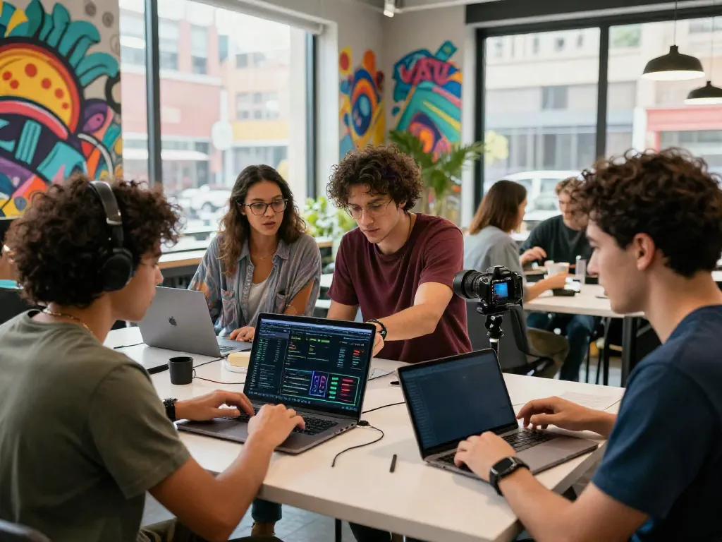 onlyfans leaks content creation scene with young adults collaborating in an urban setting