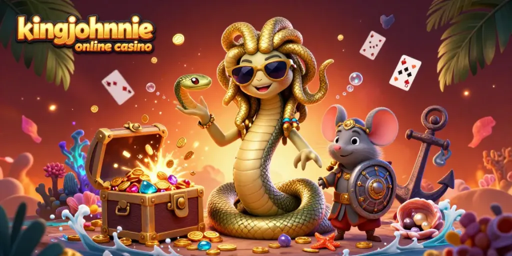 Engage with the exciting world of kingjohnnie online casino through a vibrant 3D illustration filled with treasures and gaming elements.