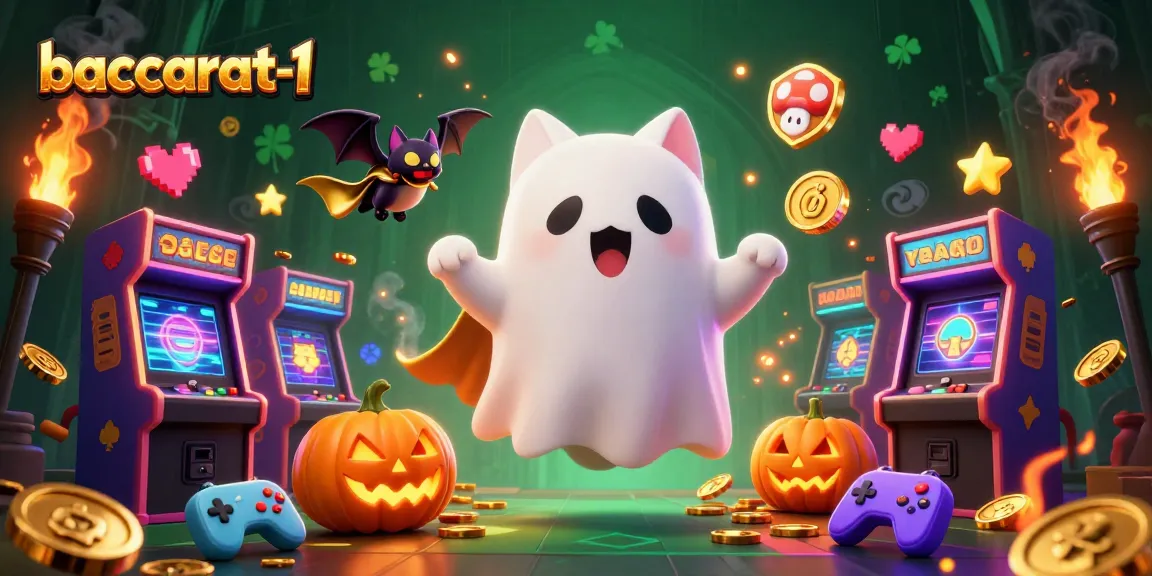 Baccarat-1 welcoming players to a vibrant haunted casino with a ghost cat, vampire bat, and glowing jack-o-lanterns.