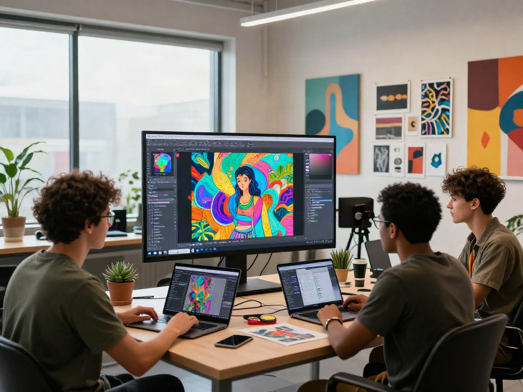 Collaborative artists in an urban studio exploring AI porn art generation, innovative technology, and vibrant creativity.