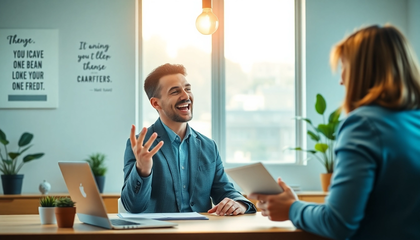 Engaging career coaching session highlighting motivation and growth in a vibrant office.