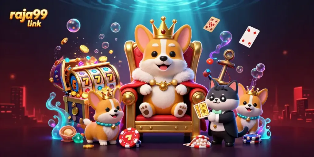 Win big with the raja99 link showcasing a royal corgi surrounded by vibrant casino elements.