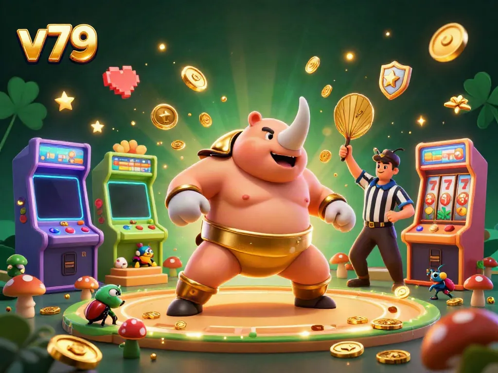 An engaging scene featuring v79, a rhinoceros beetle sumo champion, amidst casino-themed game elements like slot reels and gold coins.