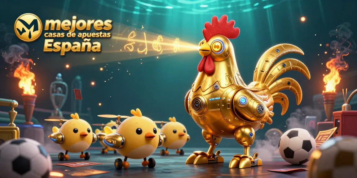 Las mejores casas de apuestas en España presentan robots dorados y elementos deportivos cautivadores.