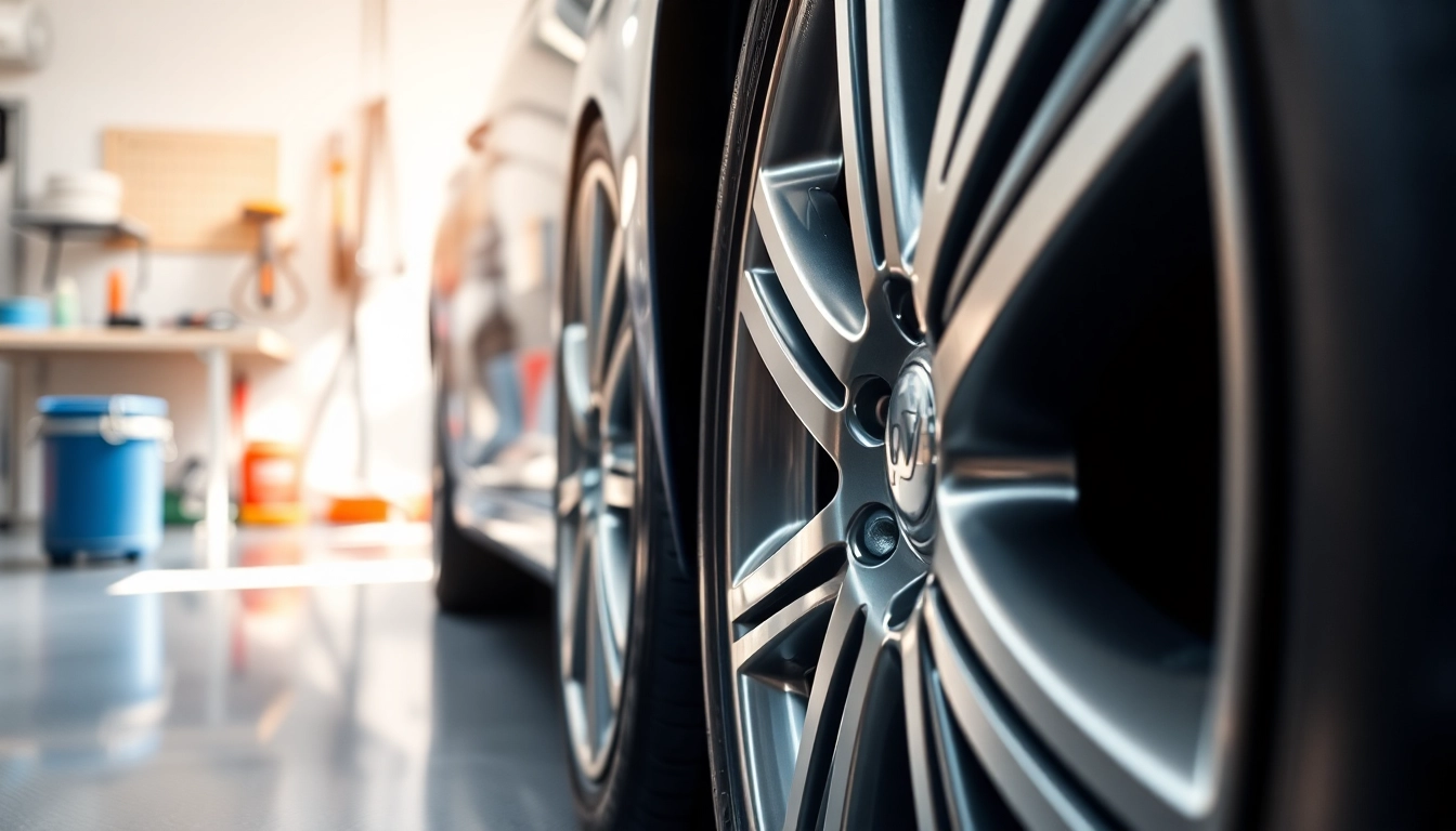 Showcasing the best way to clean car wheels and tires for a gleaming appearance in a professional setting.