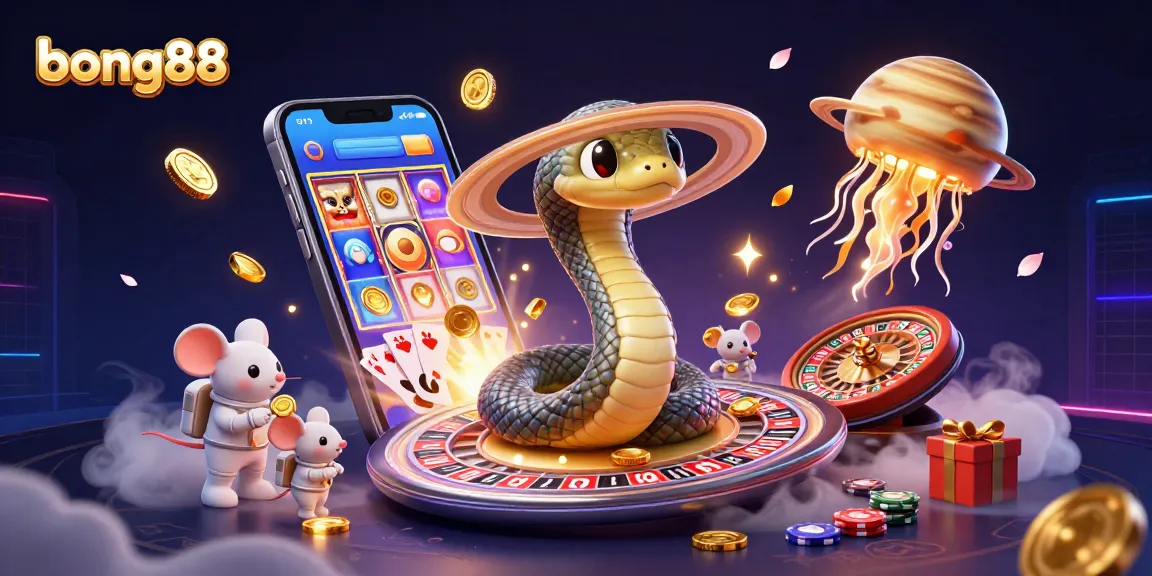 Bong88's vibrant 3D animation captures a Saturn snake and playful astronaut mice engaging in cosmic gambling.