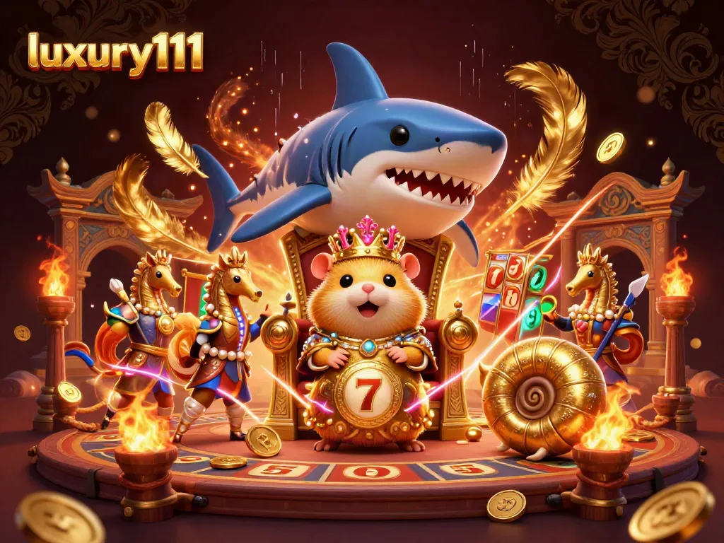Experience thrilling gaming with luxury111, featuring a golden hamster king and dazzling slot elements.