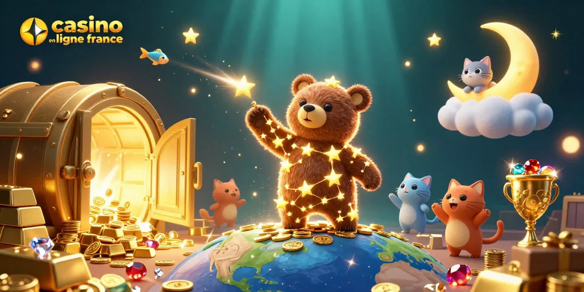 Plongez dans l'univers des jeux avec casino en ligne france, où un ours étoilé récolte des pièces sous une lumière dorée.