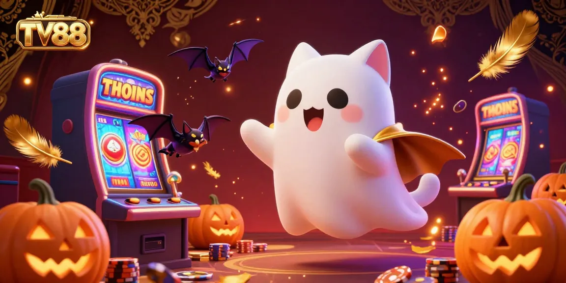 Experience the thrilling excitement of TV88 with a ghost cat and vampire bat in a colorful casino.