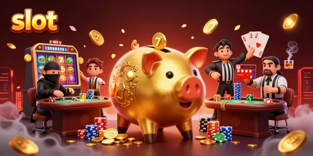Menang di slot dengan karakter kartun 3D unik dalam suasana kasino yang meriah.