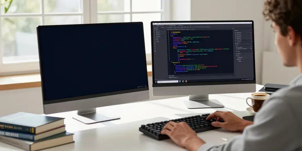 Developer using Notepad++ in a bright, modern office workspace.