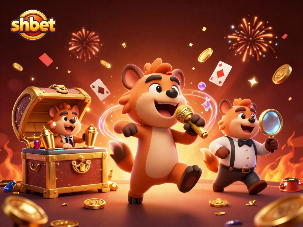 Experience the vibrant energy of shbet's comedy casino with characters in lively action, surrounded by games and treasures.