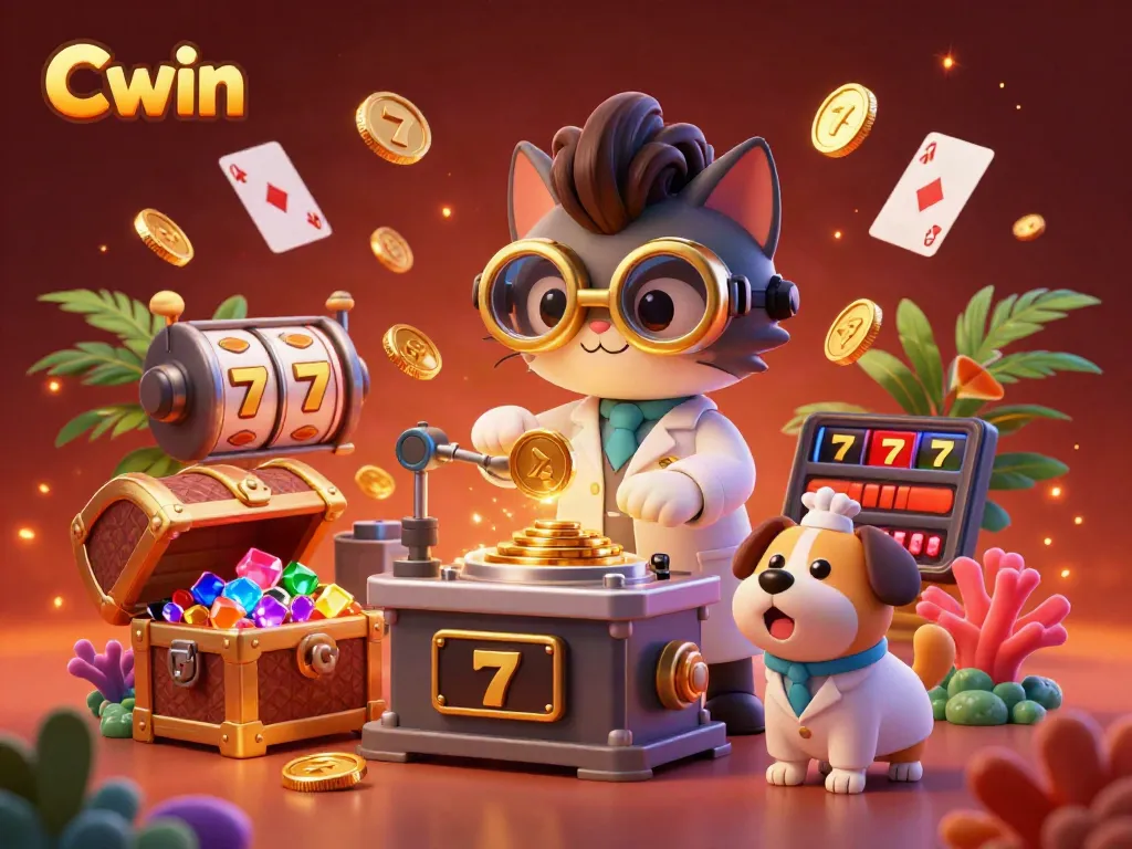 Cwin gamification with vibrant characters in a casino-themed illustration depicting dynamic slots and gold coins.