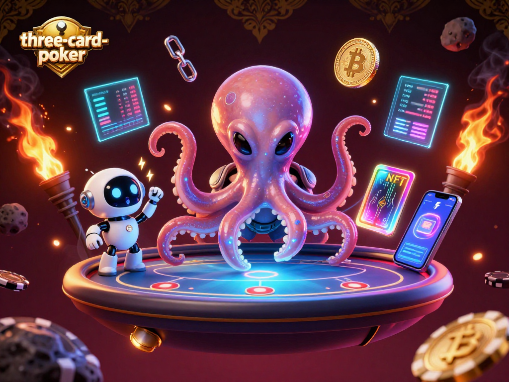 Engage in three-card-poker with an alien octopus at a holographic poker table amid orbiting chips.