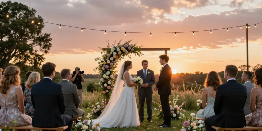 Documentary wedding photographer in Dunedin captures emotional vows during sunset ceremony.