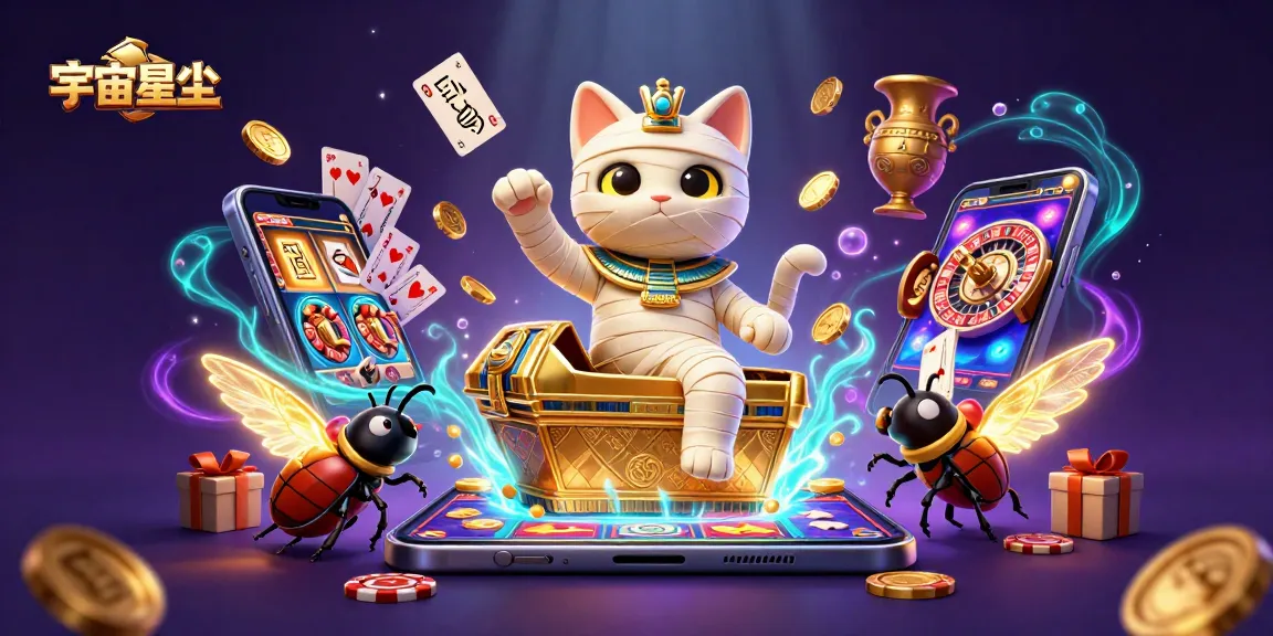 宇宙星塵在金字塔賭場中,帶著發光金翅膀的兀鷹和浮動的象形文字撲克牌,展示賭博魅力。
