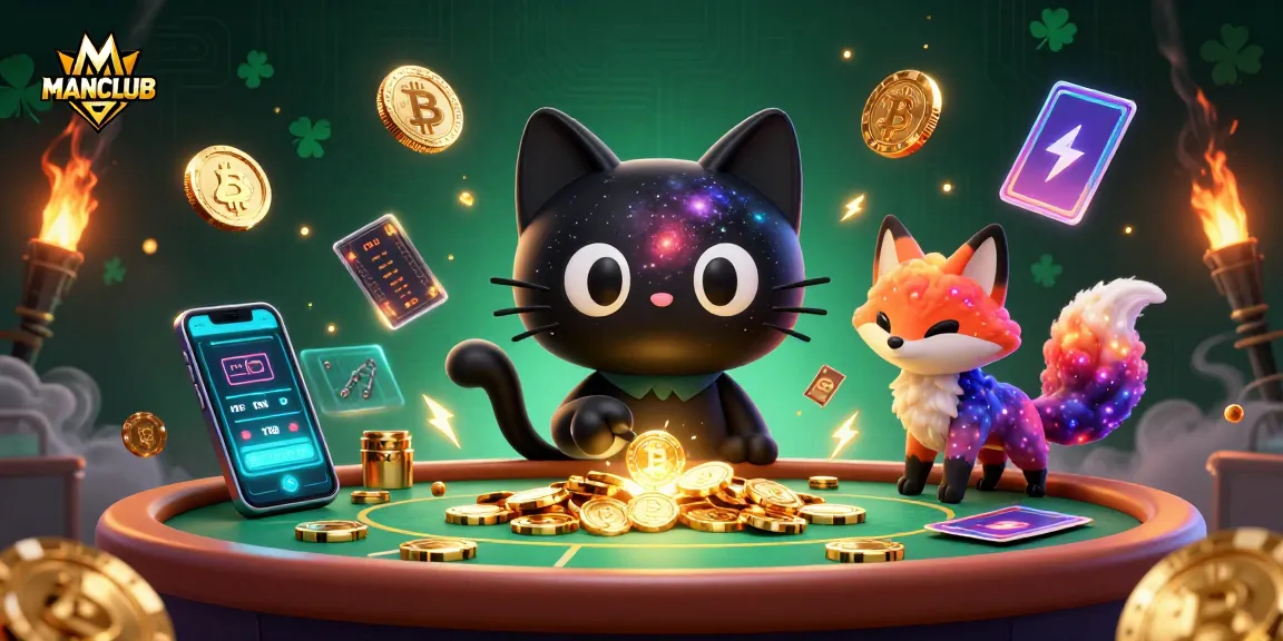 Experience the excitement of MANCLUB as the cosmic cat mesmerizes players with golden chips in an advanced gaming arena.