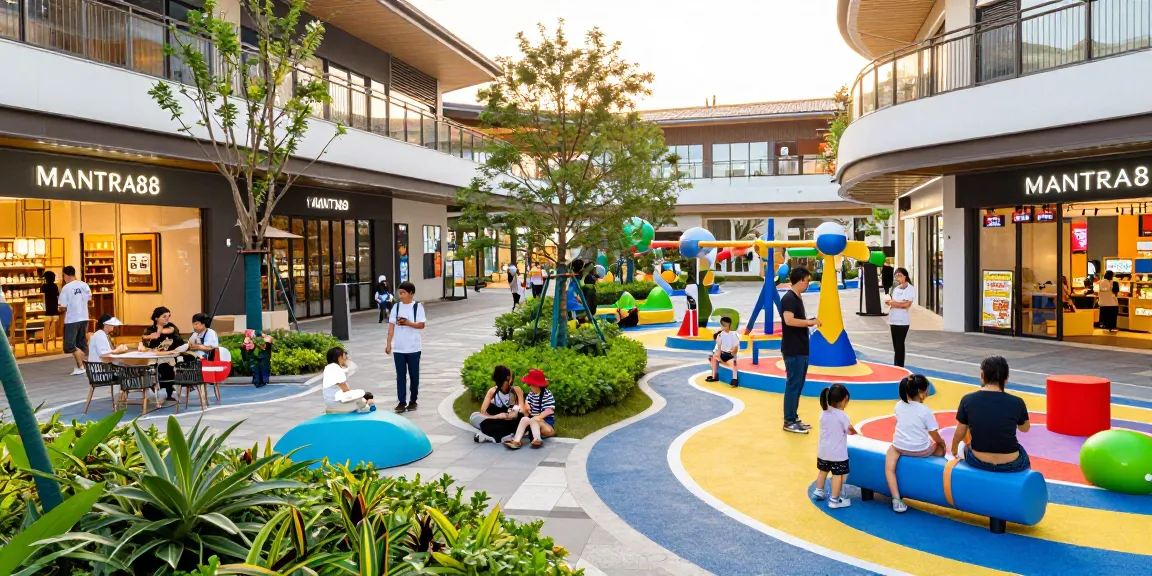 Families enjoying shopping and entertainment at MANTRA88, showcasing vibrant spaces and activities.