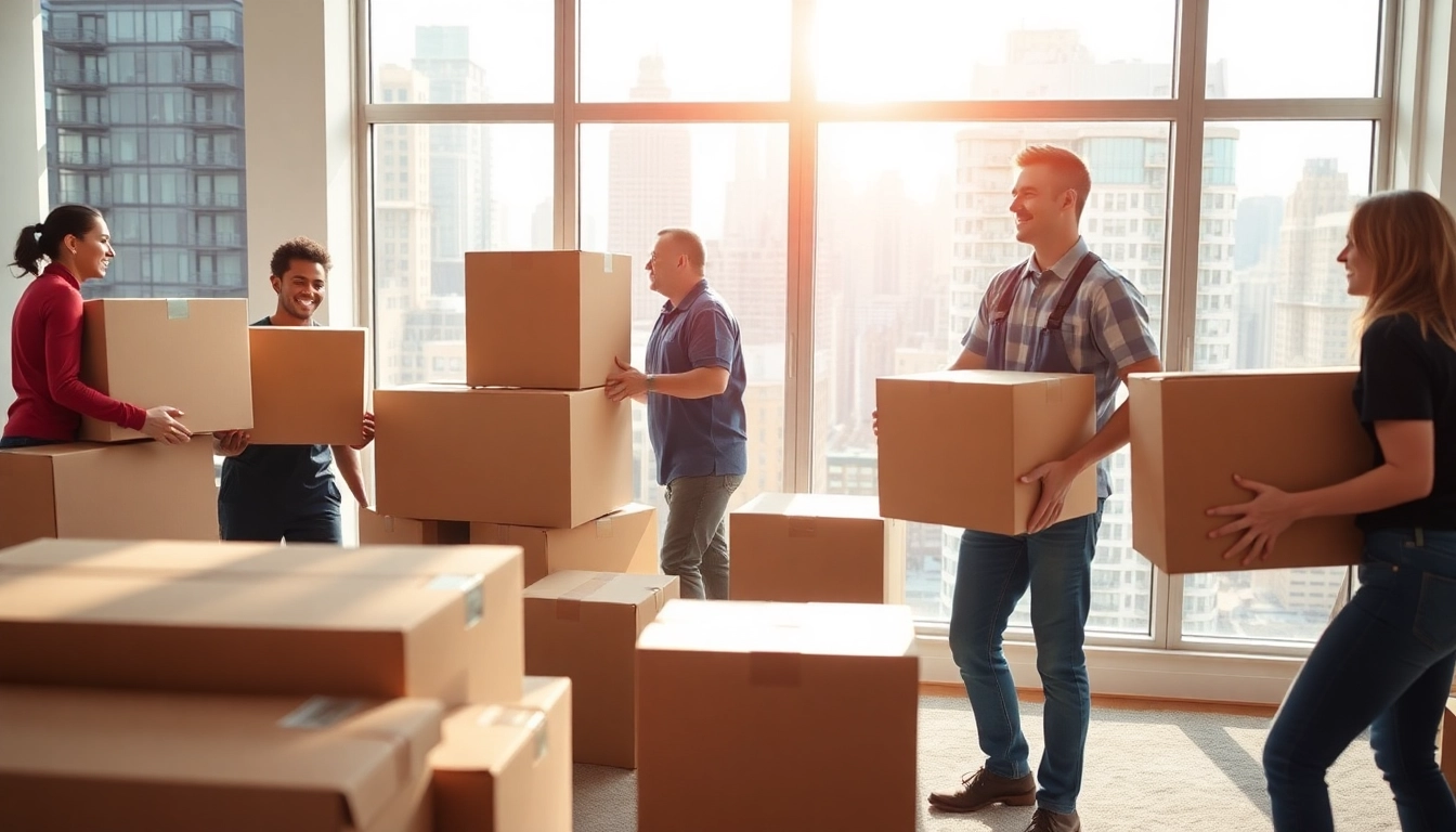 Clean Cut Movers NYC team efficiently packing and relocating boxes in a bright apartment.