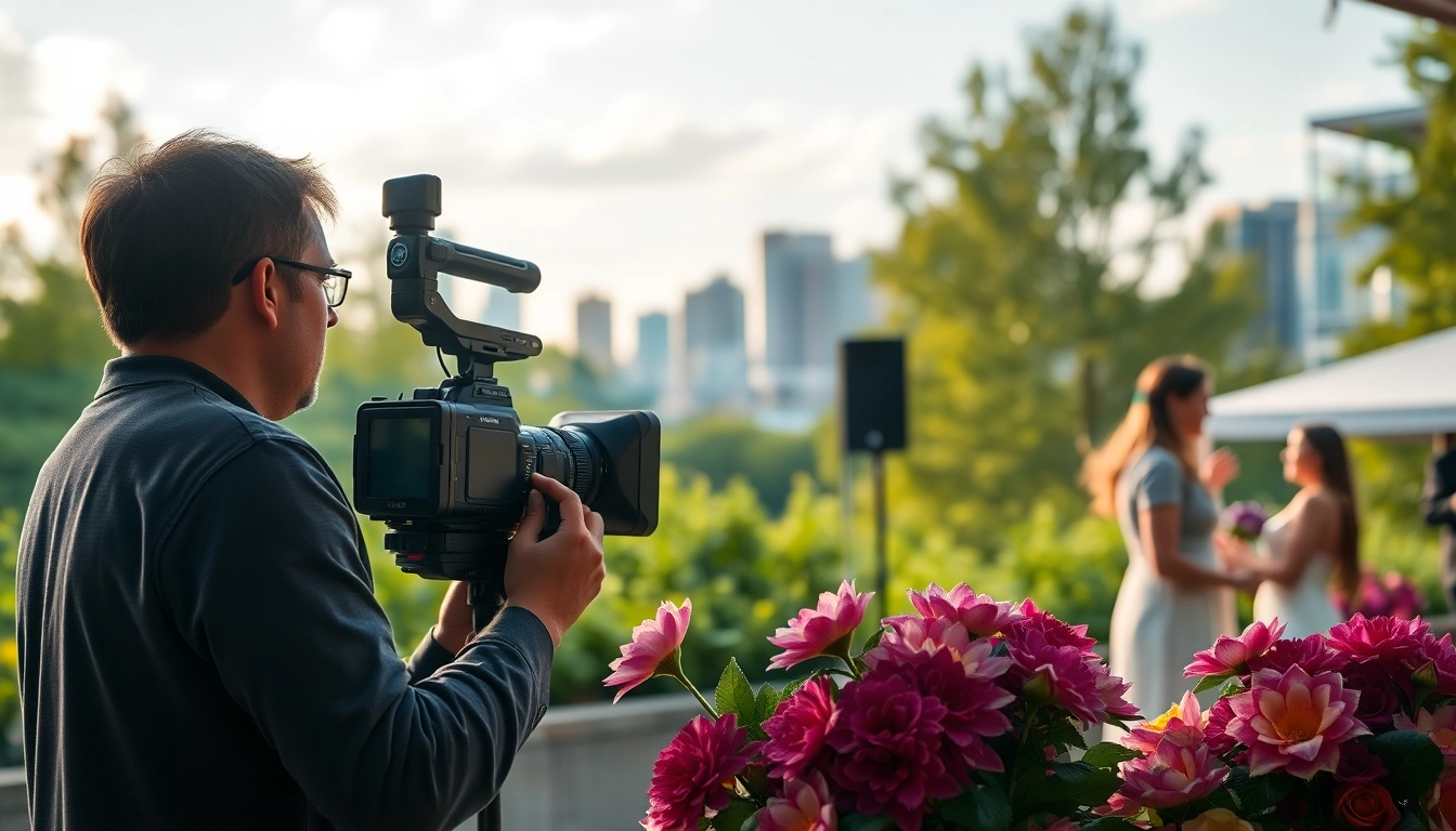 Edmonton videographer capturing vibrant moments at an outdoor event with a city backdrop.