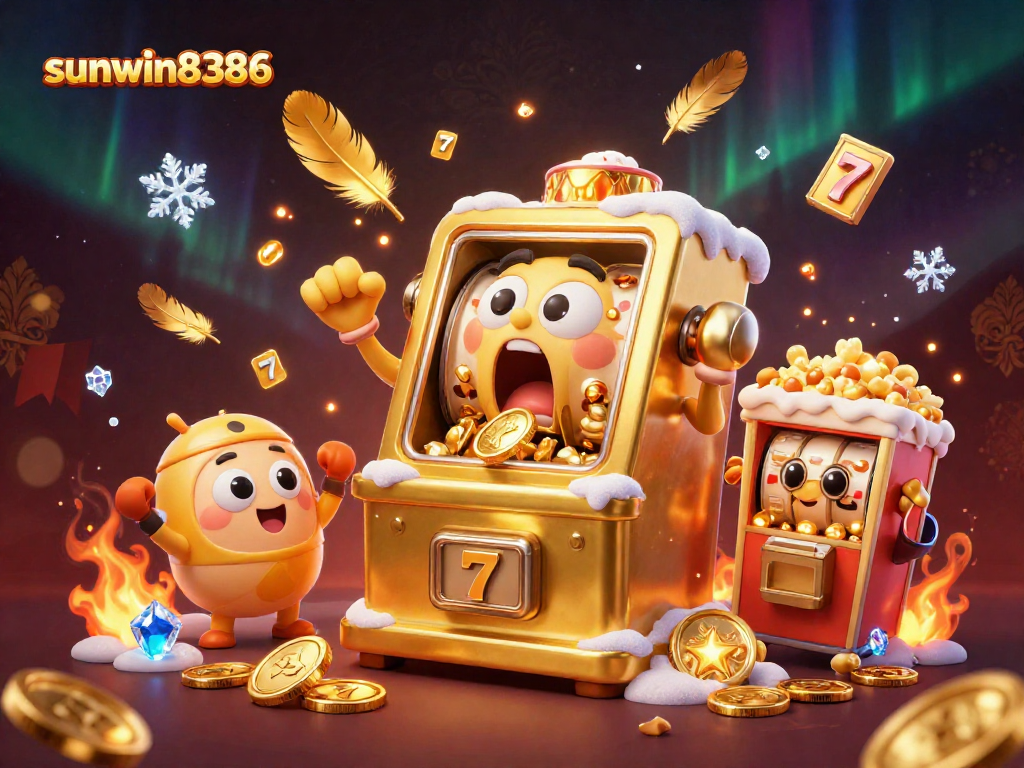 Witness the excitement at sunwin8386 as slot machines hit jackpots, coins pouring from mouths while cheering companions surround.
