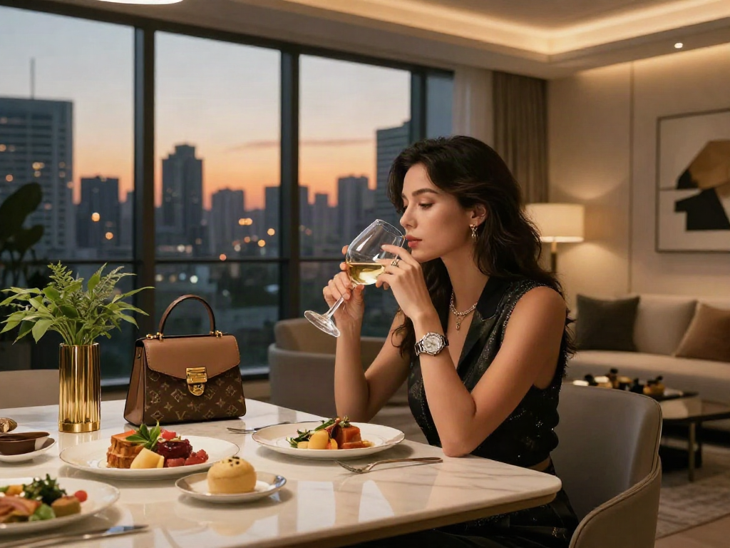 Pengalaman mewah luxury111 dalam apartemen modern dengan hidangan gourmet dan lampu dekoratif.
